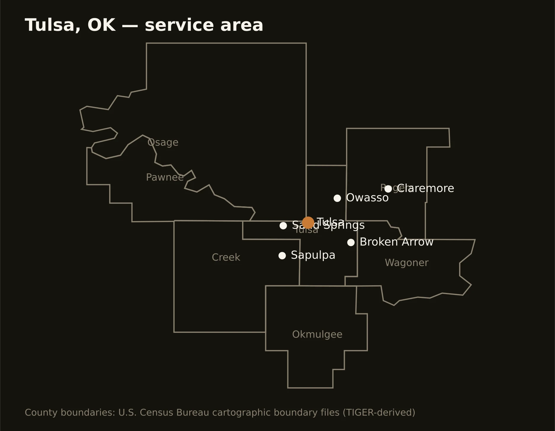 Tulsa, OK directional drilling service area map — component counties and cities served